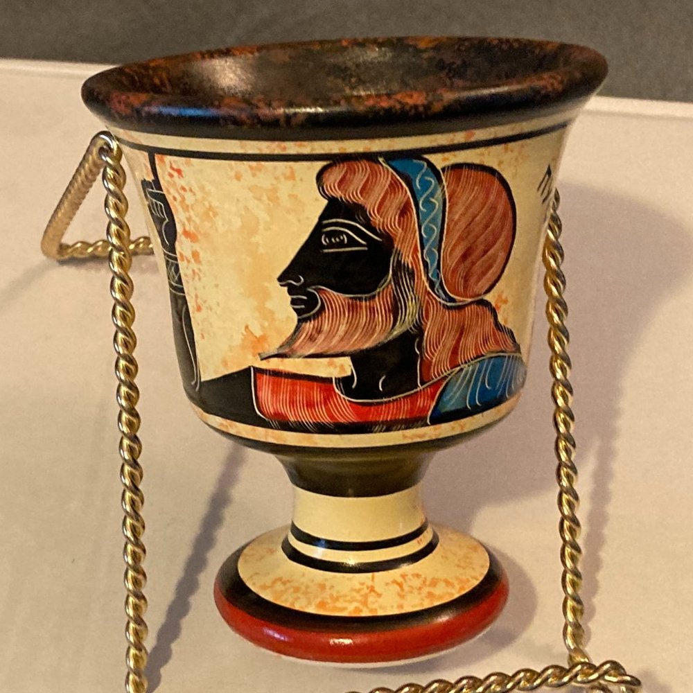 Handmade Handpainted Greek Pottery-Pythagorean "Greedy" Wine Cup-4.5" H-Signed
